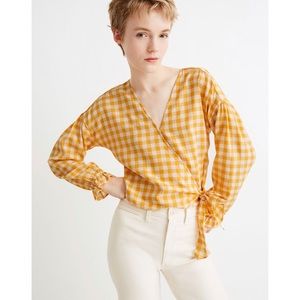 NWOT Madewell Long-Sleeve Sash-Tie Wrap Top in Gingham Check - Sunny Yellow